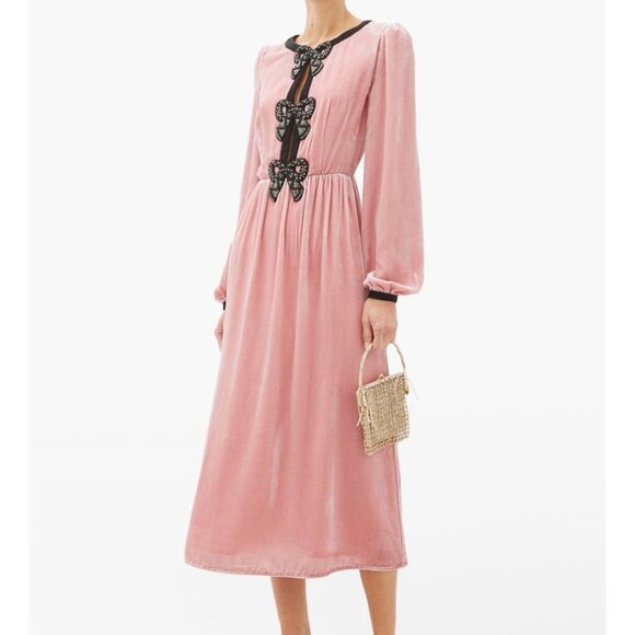 Saloni Camille Crystal Bow Liquid Velvet Midi Dress Rose Pink Black Beaded US 2 - Picture 1 of 16